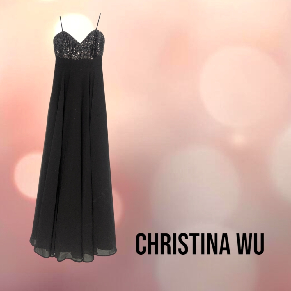 #84 - Christina Wu Celebration Designer Floor Length Sequin Black Dress